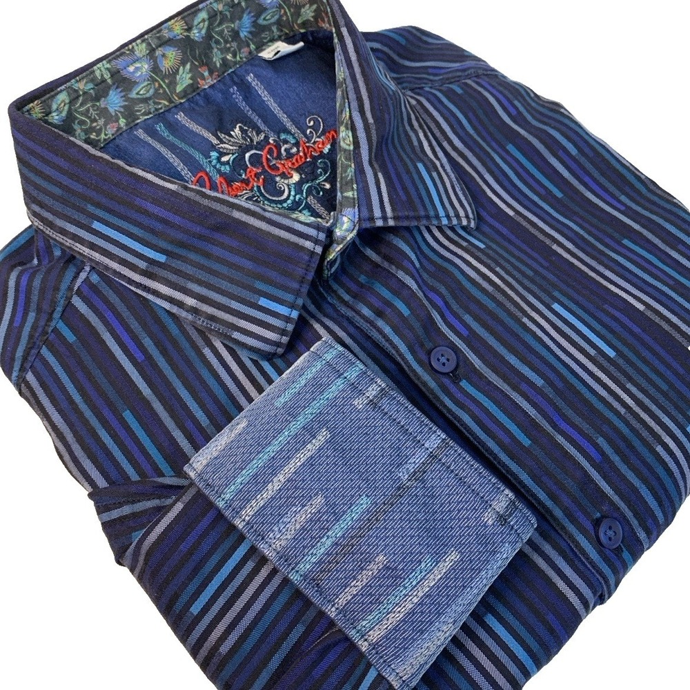 Robert Graham Men's XL Classic Fit Blue Striped Flip Cuff Long Sleeve Shirt